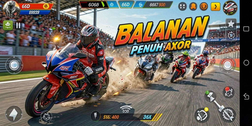 Tampilan gameplay 66D dengan motor balap yang mendebarkan.