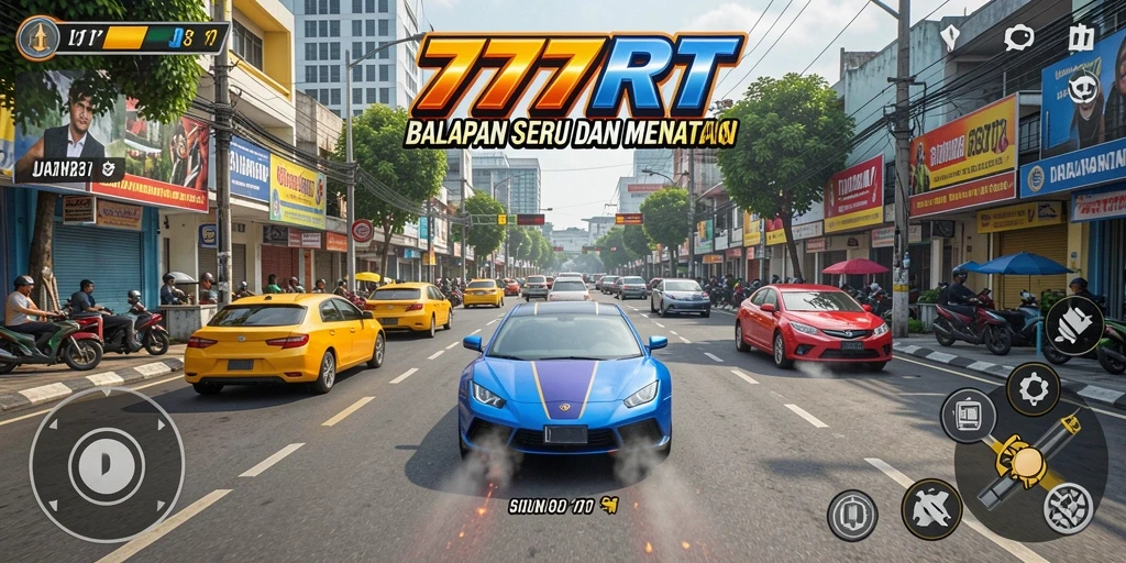 Tangkapan layar gameplay 777RT menampilkan mobil balap melaju cepat di lintasan.
