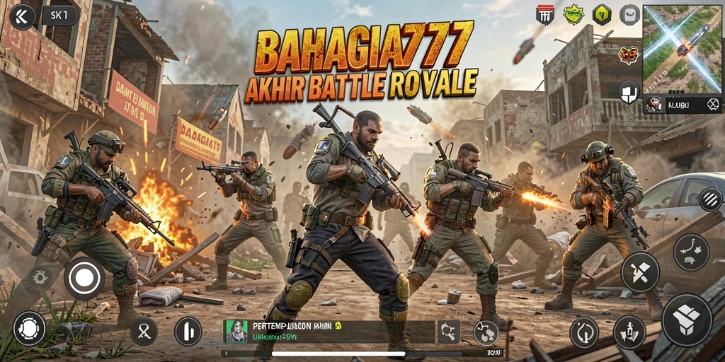 Tangkapan layar BAHAGIA777 menampilkan pertempuran sengit dalam game Battle Royale.