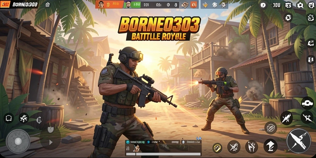 Screenshot gameplay BORNEO303 dengan pertarungan seru di arena Battle Royale.
