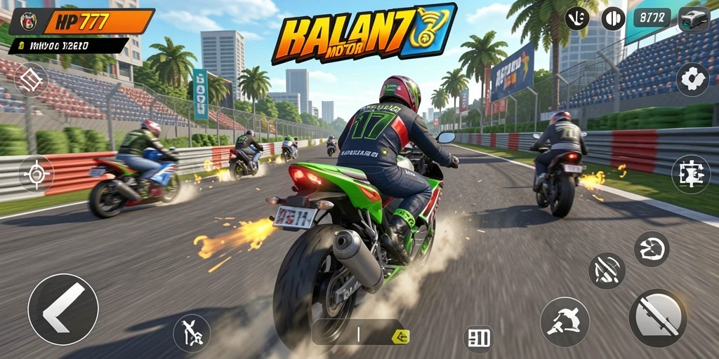 Screenshot gameplay menegangkan dari HP777 dengan aksi balapan motor.