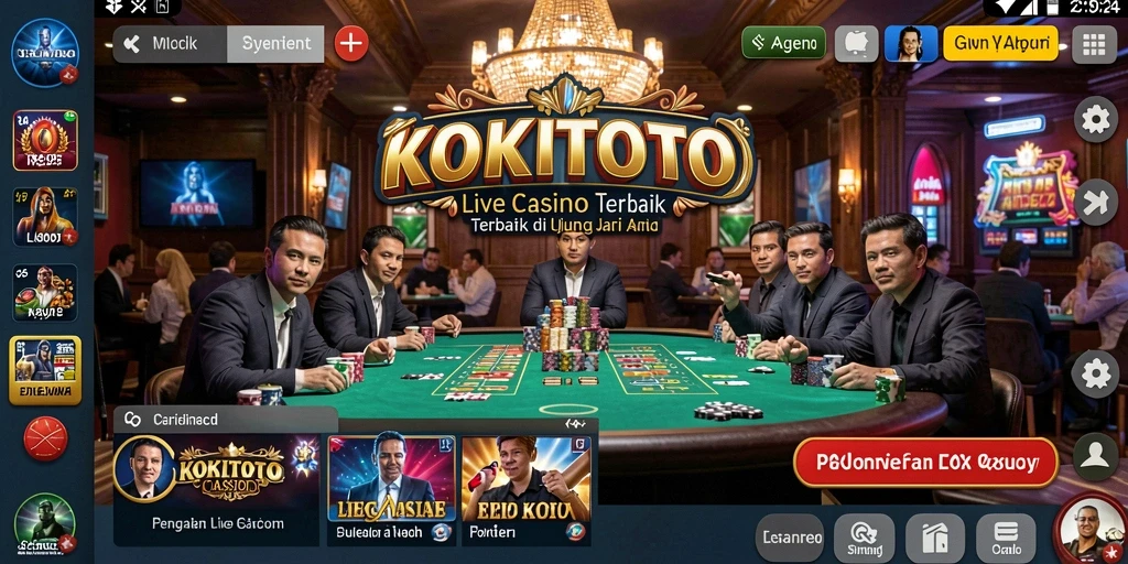 Screenshot gameplay KOKITOTO menampilkan dealer profesional dan suasana kasino yang nyata.