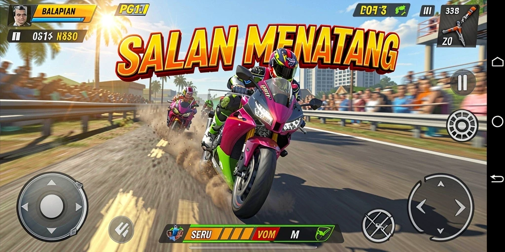 Screenshot PG11 menampilkan aksi balapan motor yang mendebarkan.