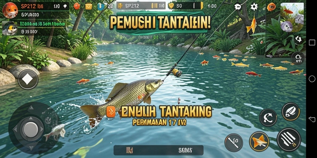Screenshot gameplay SP212 menampilkan aksi memancing yang mendebarkan di lautan.